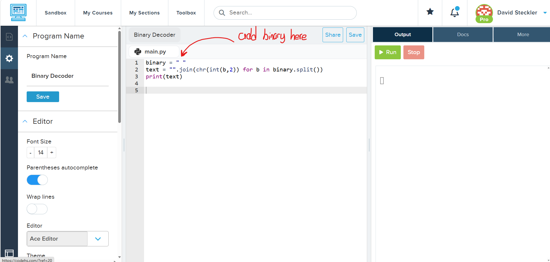 Python program students can use to decode the binary message