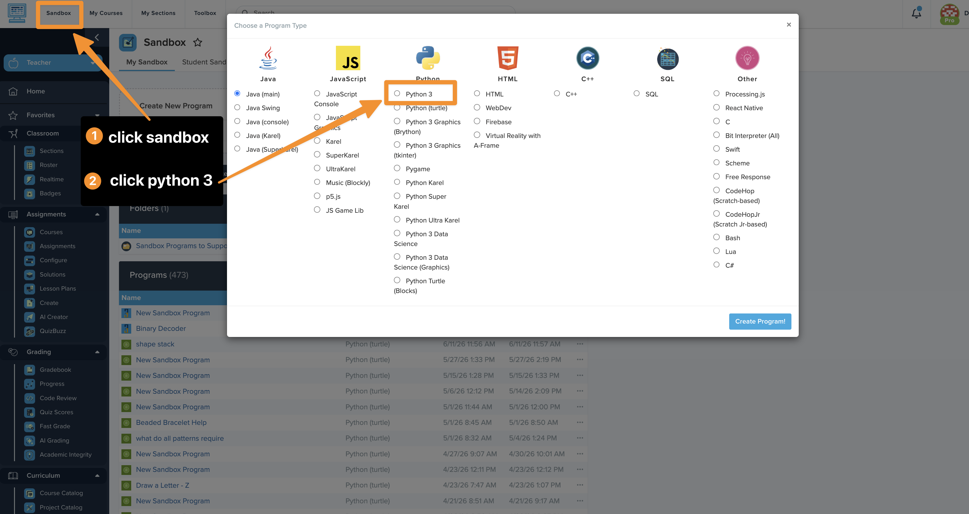 CodeHS screen showing where to make a Python 3 Sandbox